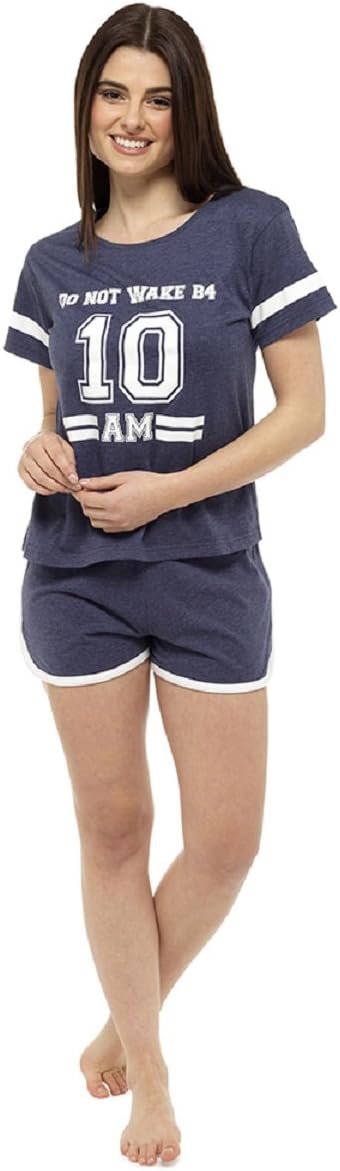 Follow That Dream Ladies Varsity Shorts PJ Set/Summer Pyjamas/Shortie Pajamas (Medium, Navy Blue)