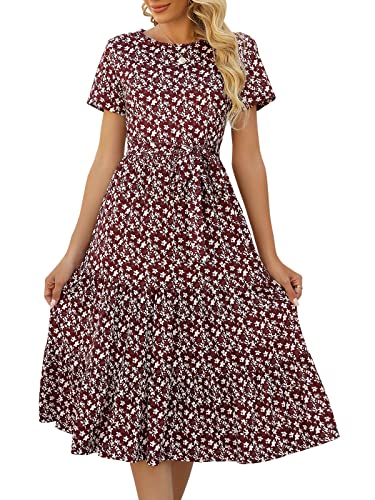 Image of Lyrur Women's Dresses Casual Summer Tiered Midi Dress Short Sleeve Belted Ruffle Babydoll Boho Sundress with Pockets