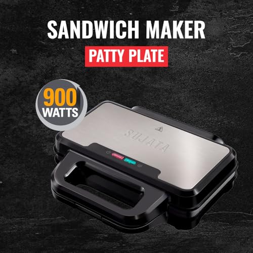 Image of Sujata SW11 Sandwich Maker 900W for Home | Non-Stick Sandwich Maker with Patty Plates | Teflon Coated Plates | Easy to Clean | Indicator Lights | 2 Years Warranty | Black