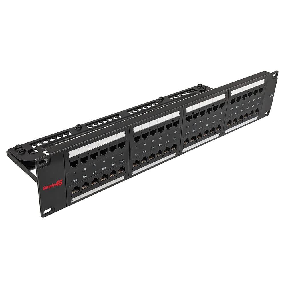 Simply45 48-Port Cat6 UTP Patch Panel with Universal Rack Mount - IDC 110 Punchdown, T568A/B Color Coding, Steel Build, Cable Ties Included - ST-158003
