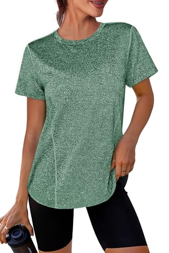Crewhpo Tshirt Sport Femme Tee Shirt à Manches Courtes T Shirt Yoga Col Rond T-Shirts et Tops de Sport Respirant Haut Running Coupe Ample Top de Fitness...