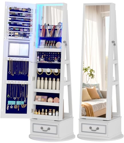 Vlsrka Mirror Jewelry Cabinet Standing, 360&deg; Swivel Jewelry Armoire with Full Length Mirror...