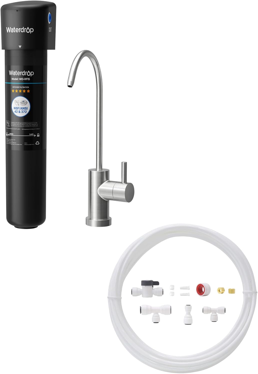 Waterdrop 15UB Under Sink Water Filter and Waterdrop KITB 1/4" Water Line Connection Kit for WD-10/15/17UB Series, WD-G2/G3 RO System and iSpring, APEC, Express Water