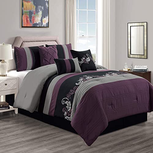 Chezmoi Collection Napa 7-Piece Luxury Leaves Scroll Embroidery Bedding Comforter Set (King, Purple/Black/Gray)