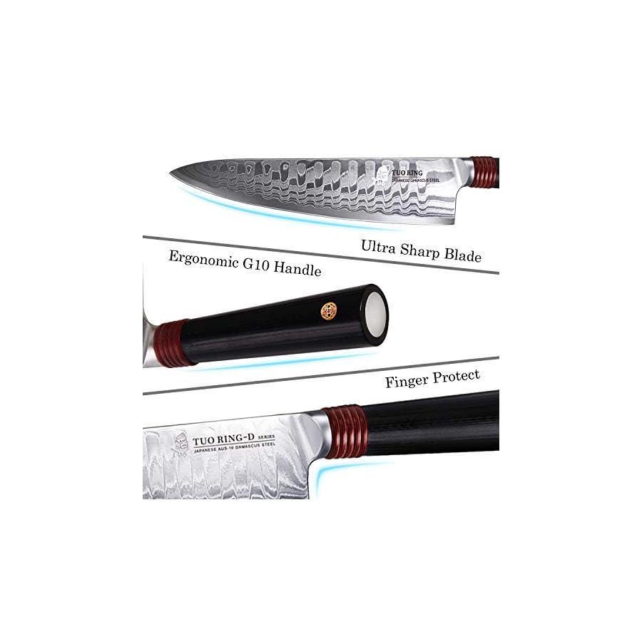 TUO-Damascus-Kitchen-Knife-Set-3-Piece-8-Chef-Knife-65-Nakiri-Knife-and-35-Paring-Knife-Japanese-AUS-10-High-Carbon-Stainless-Steel-Full-Tang-G10-Handle-Gift-Box-Ring-D-Series TUO Damascus Kitchen Knife Set 3 Piece, 8" Chef Knife, 6.5" Nakiri Knife and 3.5" Paring Knife, Japanese AUS-10 High Carbon Stainless Steel, Full Tang G10 Handle - Gift Box - Ring-D Series