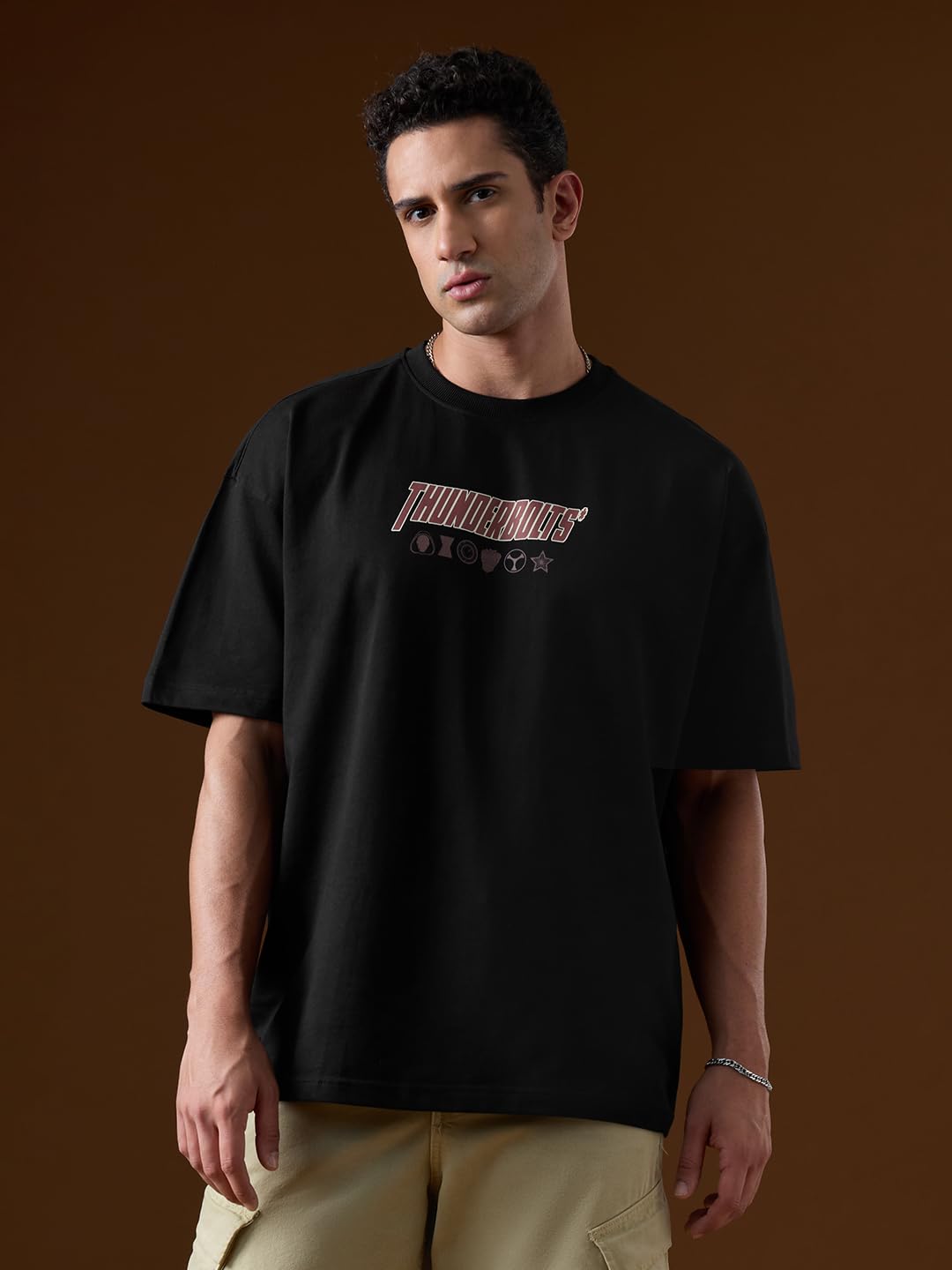 The Souled Store Marvel: Thunderbolt Uomini e Ragazzi Maniche Corte Girocollo Nero Grafica Stampata Cotone Oversize T-shirt