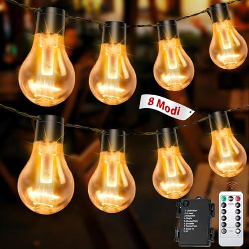 aurogeek Outdoor String Lights Battery Operated: 9m/30ft LED with 12 A60 Plastic Bulb Hanging Festoon Light Remote Waterproof for Garden Decorative Cafe Patio Pergola Indoor