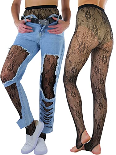 Image of ToBeInStyle Women's Single Floral Lace Fishnet Tights Footless & Stirrup Design