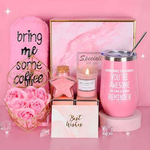 Cadeaus voor haar - Geïsoleerde 16 oz wijnbeker, geurkaarsen, verwen geschenken voor vrouwen verjaardag, Kerstmis, jubileum, Valentijnsdag (roze)