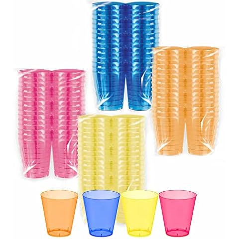 Plastic Shot Disposable Plastic Shot Glasses Multi Use Mini Shot Glass Indoor Outdoor Use Durable Neon Shot Use Beach Festival Parties Christmas Jelly Sample Tasting Desserts (Assorted Colour) 24 Pcs Cover