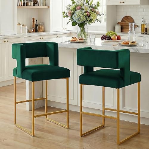 Image of Counter Height Bar Stools Set of 2, Green Velvet Bar Chair Gold Leg | 26 inch Seat Height Fits Standard Kitchen Islands, Upholstered Barstools, Back Support, Square Metal Legs, Footrest