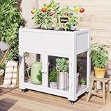 JOYBASE Raised Garden Bed with Wheels & Cold Frame Greenhouse, Wooden Planter Box with Storage Cabinet & Polycarbonate Doors - Ideal for Patio, Balcony & Small Spaces (White)