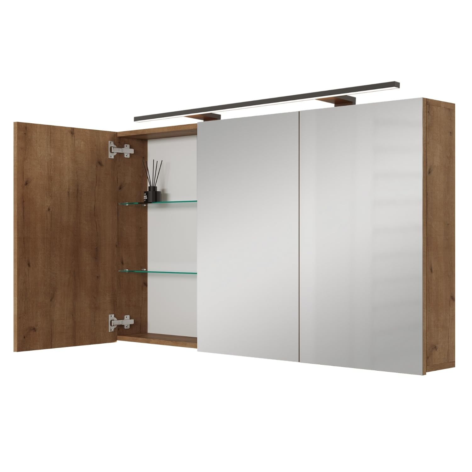 Planetmöbel Aria Armoire de Toilette avec éclairage, 120 x 70 x 16 cm, Armoire de Salle de Bain Suspendue avec Miroir, Chêne doré, avec Lampe et Prise électrique, pour WC invités