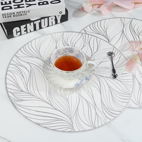 fanquare Silver Table Mats Set of 6 Round Placemats PVC Leaf Placemats Heat Resistant Washable Non-Slip Tablemats for Dining Kitchen Table Wedding Decoration 38cm - Image 3