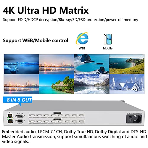 Matriz HDMI 8 entradas 8 salidas 4K compatible con audio DTS-HD Master Audio 3