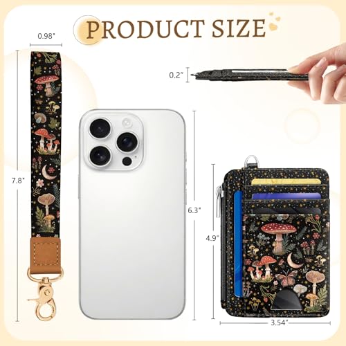 Image of Kelvoris Mushrooms Slim Wallet Women Credit Card Holder Small RFID Wristlet | Keychain, Zipper Coin Pocket, Front Pocket Thin Travel Card Case, Minimalist, 6 Card Slots, 1 ID Window, Ladies Gifts Woman
