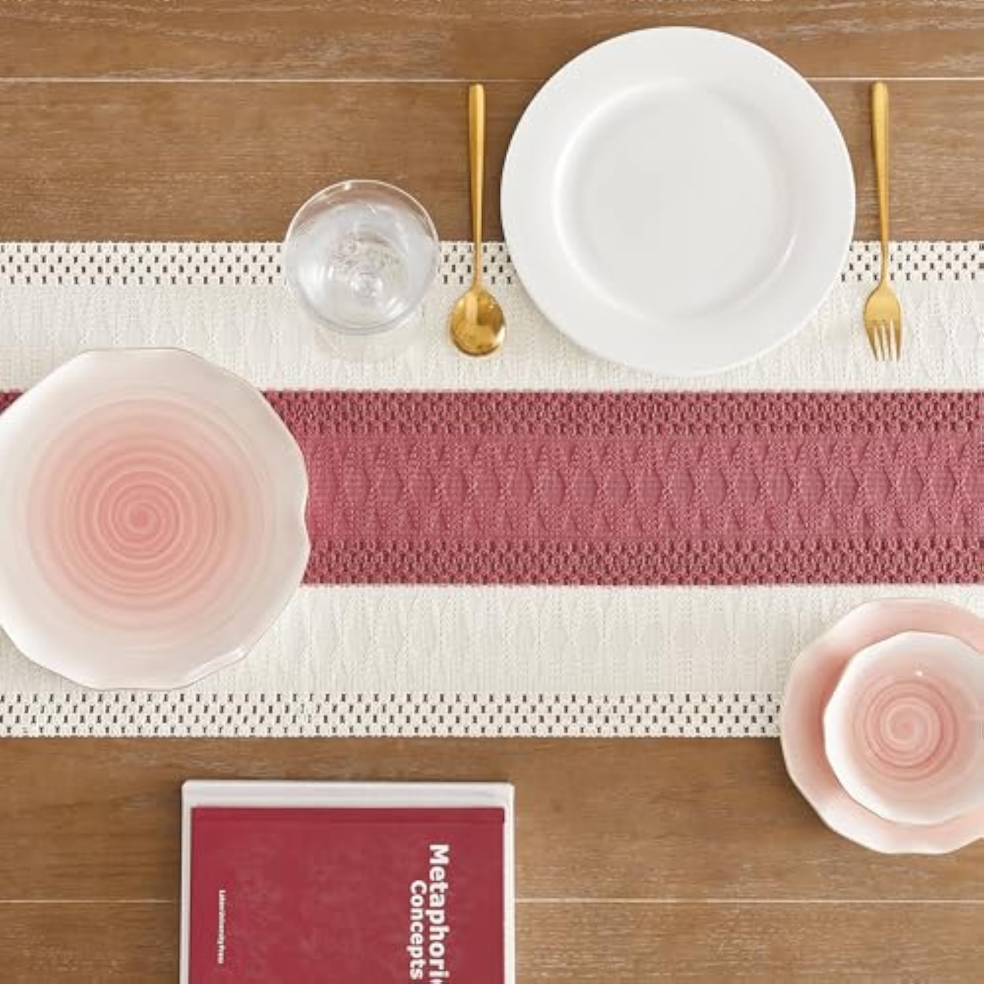 Macrame Style Bicolor Stitching Table Runner 14x36in Dusty Rose