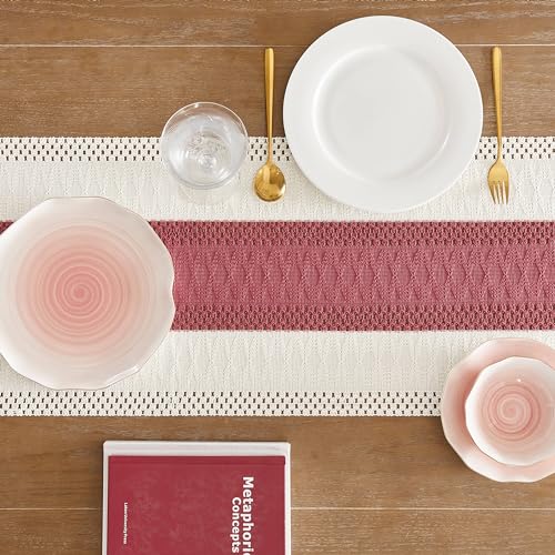 Image of ZeeMart Macrame Style Bicolor Stitching Table Runner, 14 x 48 Inch Dusty Rose /Ivory, Boho Table Runners 48 Inches Long, Farmhouse Woven Home Decor