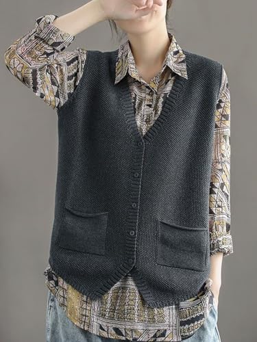 Wowcarbazole Womens V Neck Sweater Vest Sleeveless Button Down Solid Knit Cardigan Vest Casual Knitted Tank Tops with Pockets3