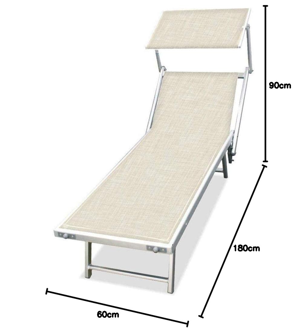 BAKAJI Lettino Prendisole Pieghevole da mare Stabilimento Spiaggia Professionale Struttura in Alluminio 190 x 60 x40/90 cm Sdraio Mare Spiaggia Piscina con tettuccio Parasole (Ecru Melange)