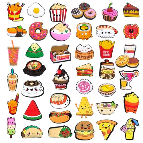 Sxutop 40 Piezas Adornos para Zapatos Niños Decoración para Zapatos de Tema Comida PVC Encantos de Zapatos Dibujos Animados Pins para Crocs Forma Diferente para Regalo de Cumpleaños Fiesta