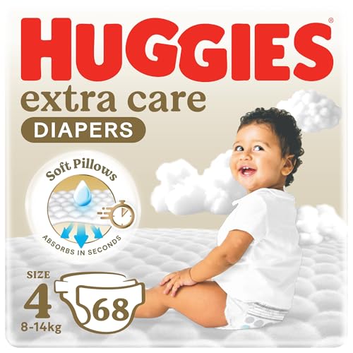 Huggies Extra Care Baby Diapers Size 4 (8-14 kg) Jumbo Pack of 68 Diapers Soft Pillows Absorb in Seconds Absorbent Channels and Stretchy Waistband 12h Day & Night Protection