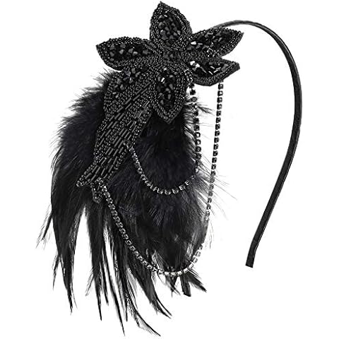 BABEYOND Vintage 1920s Headband 1920s Headpiece Feather Beaded Headband Crystal Flapper Headpiece Great Gatsby Costume Accessories Roaring 20's Accessories (Black) Cover