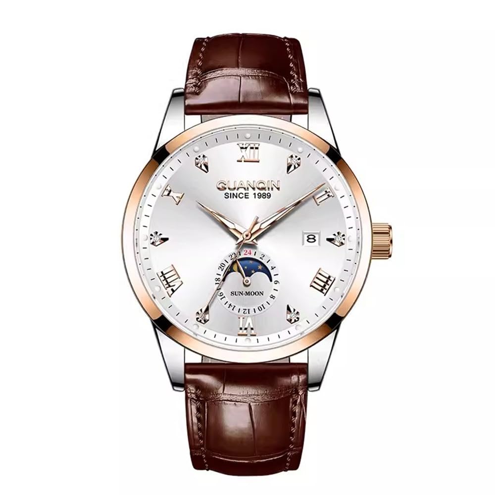 Guanqin Vintage Herren Multifunktions Automatik Selbstaufzug Mechanische Strass Uhr Saphir Business Kalender Leuchtende Mondphase Wasserdichte Uhr Stahl oder Lederband Armbanduhr
