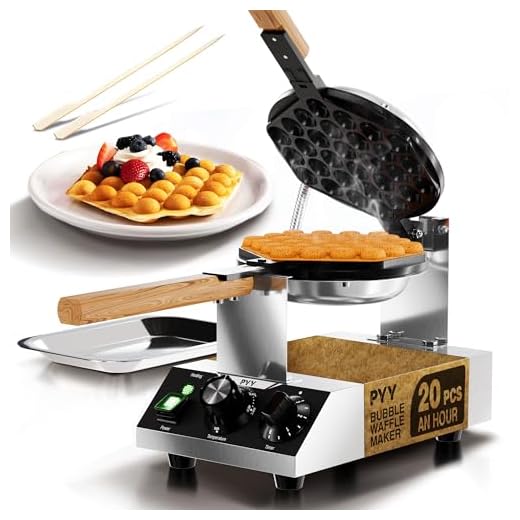 PYY Bubble Waffle Maker - Commercial Egg Puff Waffle Iron Machine, 1500W 122-482℉ Electric Stainless Steel Hong Kong, 30 Egg Cones | 180° Rotating| Black Non-stick Coating | Crumb Tray | Wooden Handle