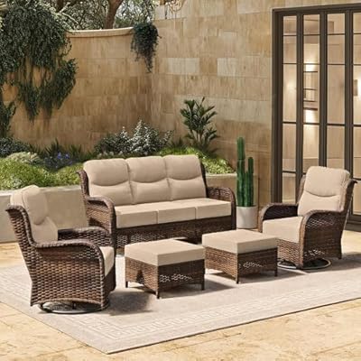 HILLGA Luxury Outdoor 5-Pieces High Back Patio Furniture Set with 6'' Thick Cushions, 3-Seater Sofa with Swivel Rocker Chairs and Ottomans, Ideal for Porch, Poolside, Deck, and Yard (Beige)