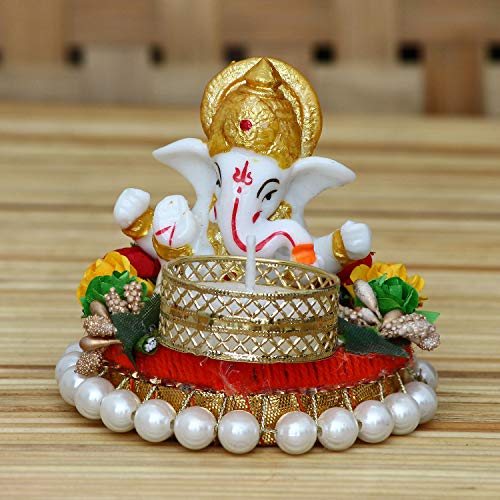 eCraftIndia Lord Ganesha Idol on Decorative Plate with Tea Light Holder