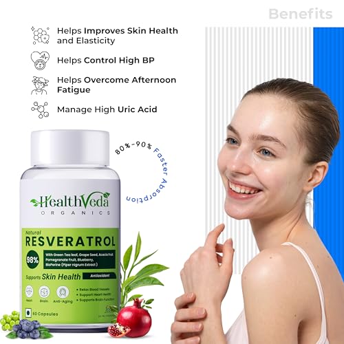 Image of Health Veda Organics Resveratrol 250mg with Grape Seed, Green Tea, Pomegranate & Blueberry Extracts | BioPerine for Enhanced Absorption | Antioxidant Support for Men & Women (60 Capsules)