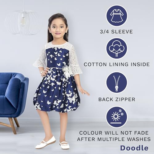 Image of Doodle Butterfly Dress for Girls | Breathable Kids Frock & Dresses | Western Frocks with Waist Band & Round Collar | Knee Length with Layered Bell Sleeves (Option Navy | Age 4 to 12 Years)