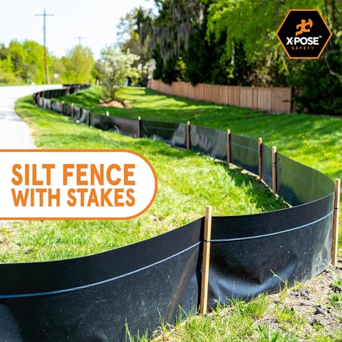 Image of Xpose Safety Silt Fence 3' x 100' with 11 Stakes - Heavy Duty Erosion Barrier, Privacy Screen, Agricultural Fencing & Silt Control for Construction and Landscaping Projects