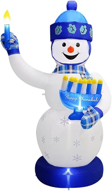 Lighted Hanukkah Inflatable Yard Decoration Huge 7' Ft Tall Snowman Blowup Decorated in a Chanukah Theme Menorah and Candle Indoor and Outdoor Hanukkah Holiday Yard Décor by Zion Judaica