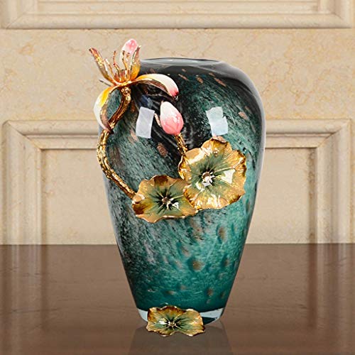 De Tulpenvaas Heeft Een Chinees Lotusblad Beeld, Grote Vaas Van Emaille Glas In Lood, Woonkamer Glas Kunstbloem Ornamenten (Size : 24 * 35cm) - Afbeelding 3