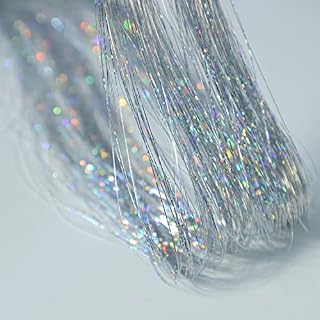 220 Strands Hair Tinsel Extensions Holographic Sparkle Hair Tinsel Strands Glitter Extensions 47" Shiny Straight Hair Extensions for Girls, Party, Fun Hair Accessories, Gifts (Silver )