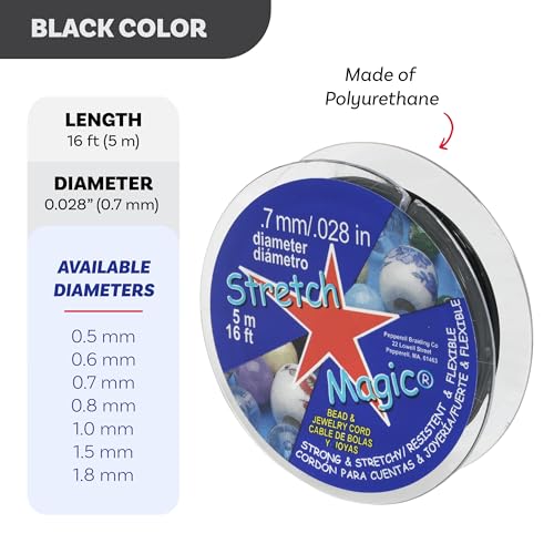 Image of Stretch Magic Elastic Beading Cord - Black Color, 0.7mm in Diameter, 5-Meter (16 ft) - Easy to Knot, Strong & Stretchy String for Making Beaded Jewelry