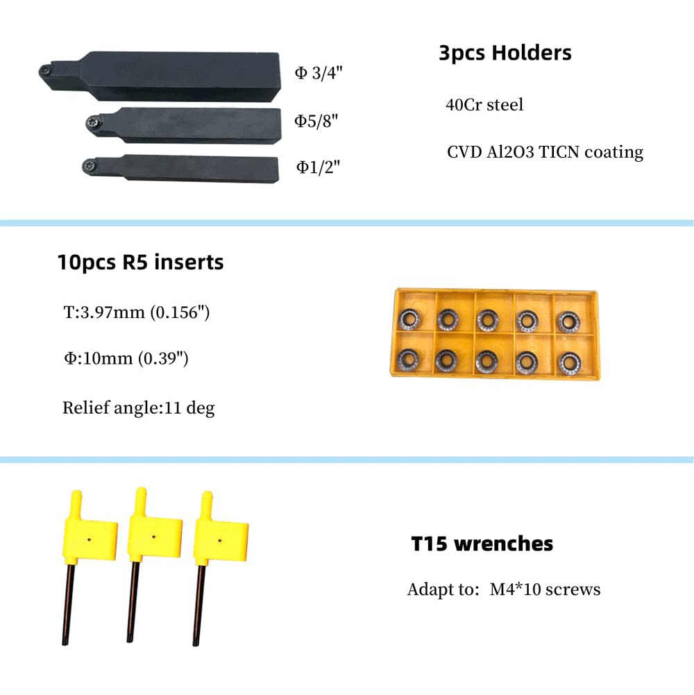 GBJ 10pcs RPMT10T3 MO Indexable Carbide Inserts Milling Cutter with 1/2",5/8",3/4" SRDPN Indexable Tool Holder Metal Lathe Cutting Tools (SRDPN1212H10+SRDPN1616H10+SRDPN2020K10+RPMT10T3 M0-JS)
