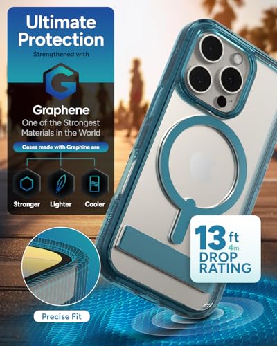 Image of ZAGG Santa Cruz Snap with Kickstand Case for iPhone 16 Pro - MagSafe Compatible, 13ft Military-Grade Drop Protection, Reinforced with Graphene, Slim Clear Case with Vibrant Color Accents, Retro Blue