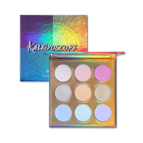 UCANBE Kaleidoscope Holographic Highlighter Makeup Palette Kit, 9 Color Polarized Shimmer Illuminating Glow Highlighting Bronzers Powder Set, Laser Outer Packaging with Mirror Cosmetics