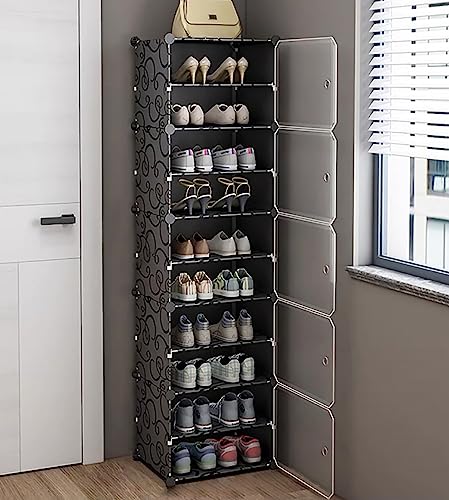 Image of AYSIS 10 Shelf DIY Shoe Rack Box Organizer ^ Multi-Purpose Plastic Shoe Rack for Home, PP Plastic Home Rack with Door for Entryway, Chappal Slipper Shoe Stand【Black, 10-Shelf-5-Door】