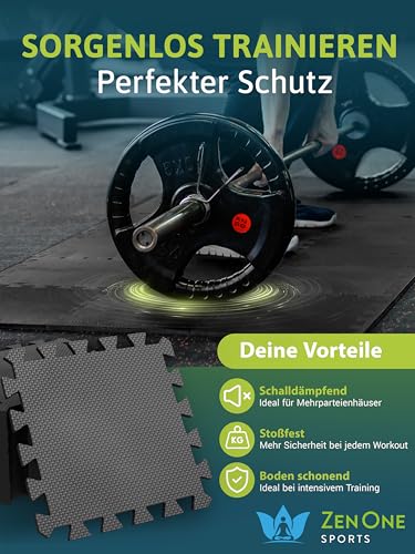 ZenOne Sports® Bodenschutzmatte Fitness I Puzzlematte Boden - 30x30x1cm I Individuell verlegbare Trainingsmatte für dein Home Gym I Robuste Bodenmatte für Sportgeräte, Schaumstoffmatte