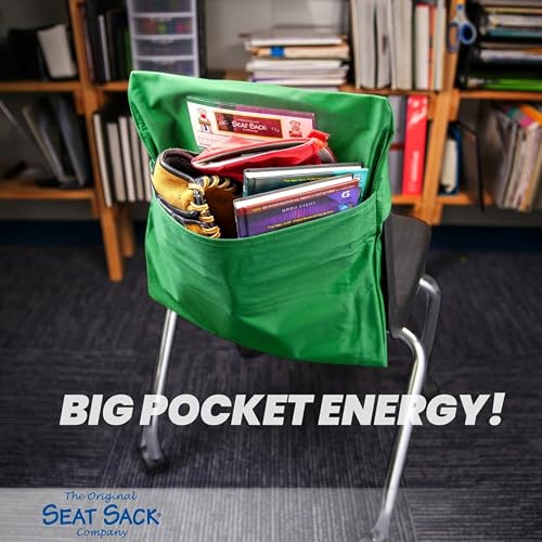 Image of Seat Sack Student Chair Storage Pocket - 17 inch, Single Pocket, Classroom Chair Organizer for Student Desks, Durable Over-the-Chair Storage, Ready-to-Use Name Tag Window, Green, 25-Pack