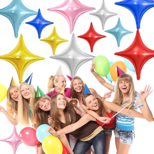 Image of Colorful Star Balloons,12Pcs Four Angle Star Foil Balloons | 26Inch and 10Inch Colorful Quadrangle Star Helium Balloon for Birthday Baby Shower Wedding Party Decorations