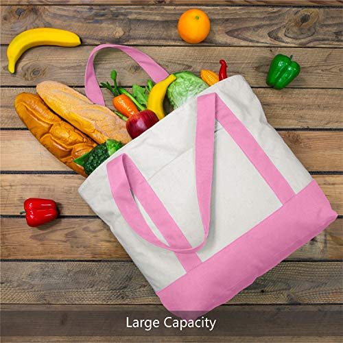 Image of TOPDesign 1-Pack Canvas Tote Bag with an External Pocket, Reusable Grocery Shopping Bag, Top Zipper Closure, Daily Essentials (Pink /Natural)