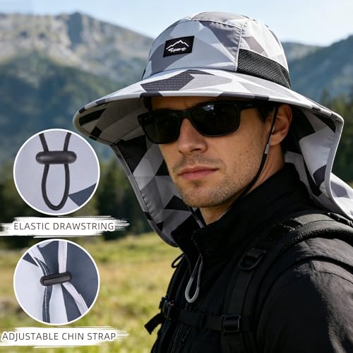 Image of Rosoz Outdoor Sun Hat for Men Women, UPF50+ Protection Safari Cap Wide Brim Mesh Fishing Hat with Neck Flap Beach Garden