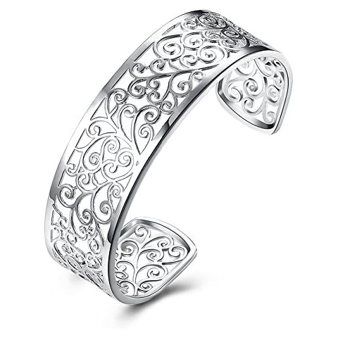 JHWZAIY 925 Sterling Silver Bangle Cuff Bracelets For Women, Hollow Open Bangle Bracelet Jewelry For Women (Silver) Cover