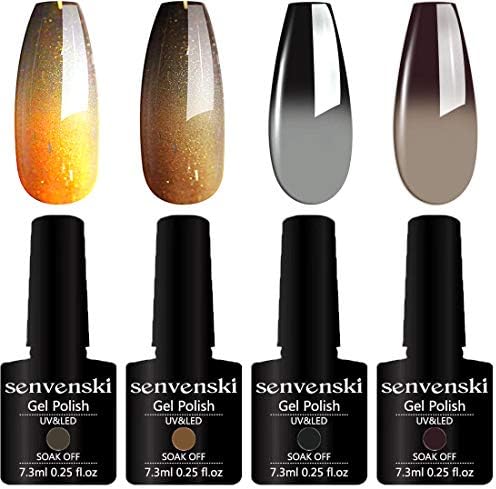 Senvenski Color Changing Gel Nail Polish White Black Gold Grey Yellow Glitter Gift Set Mood Chameleon Soak Off UV LED Thermal Temperature Art Manicure Kit Varnish (WB018)