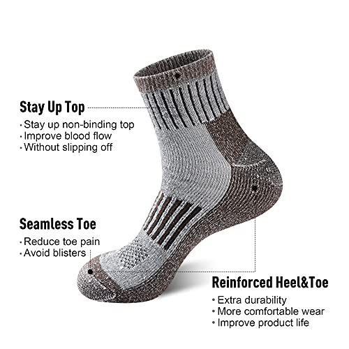Ecoey Men's Merino Wool Cushioned Hiking Trekking Socks 4 Pairs, Quarter Length With Moisture Wicking (Coffee, Us Shoe Size: Men 8-11.5/Women 9-13.5) #TOP1